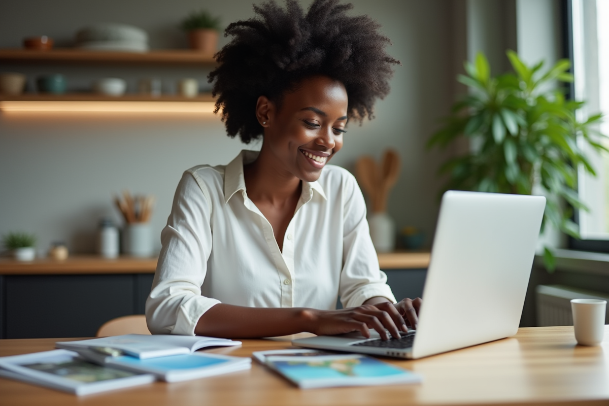 Jeune femme compare offres d'assurance voyage sur son ordinateur