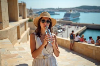 Femme détendue buvant de l'eau à Valletta en été