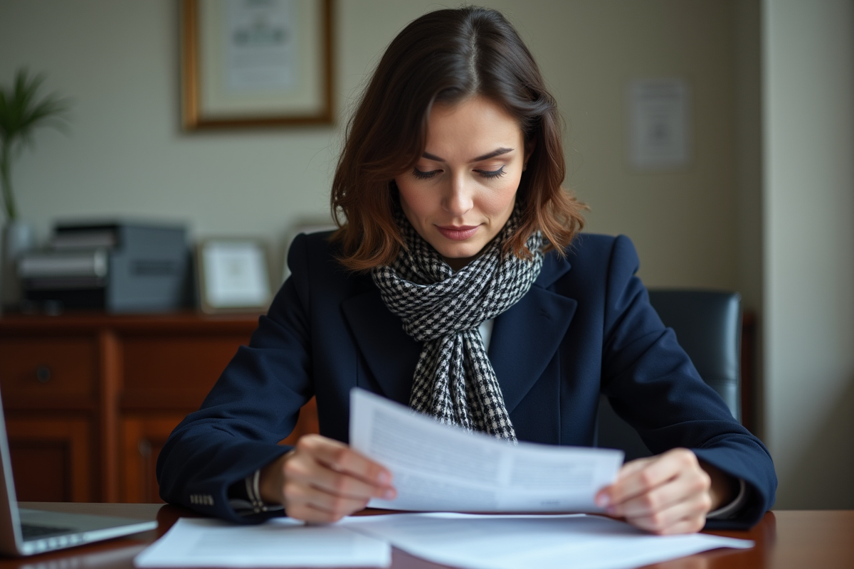 Femme vérifiant ses documents administratifs en bureau