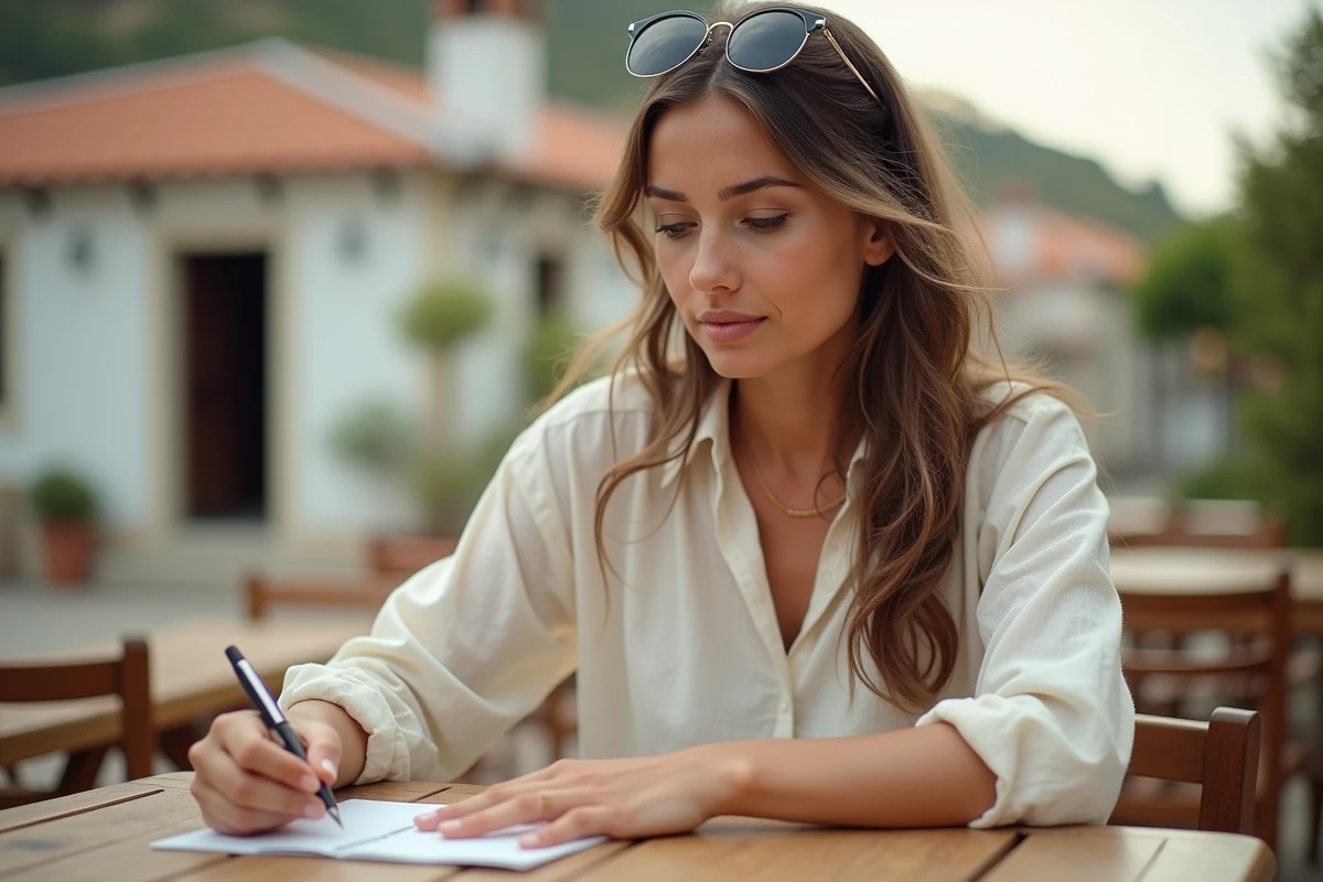 Femme écrivant une carte postale de vacances à la main dans un café en bord de mer, expression concentrée