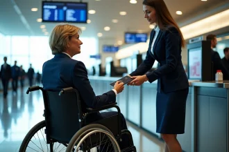 Femme en fauteuil d'entreprise remettant son passeport à un agent à l'aéroport