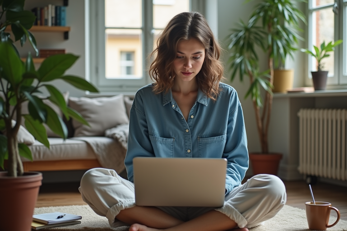 Jeune femme francophone dans un bureau cosy à la maison