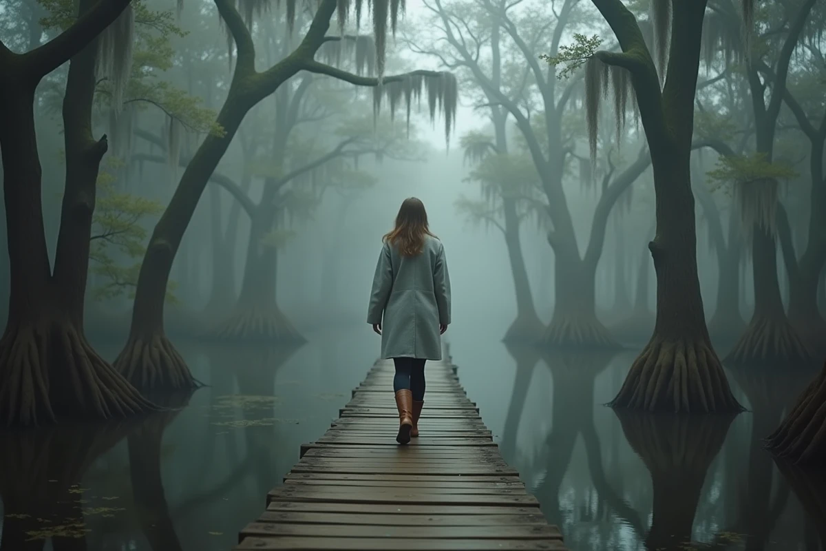 Femme se promenant sur une passerelle dans un marais de cyprès du sud des États-Unis, atmosphère de film gothique sudiste