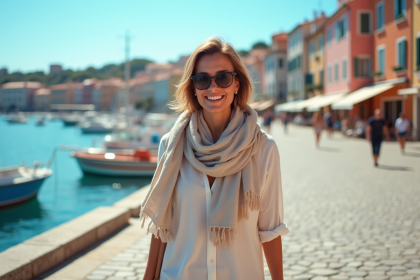Femme souriante en robe légère et foulard près de la mer