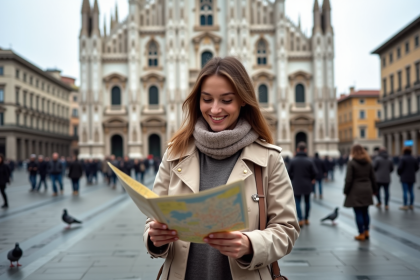 Jeune femme devant la cathédrale de Milan avec carte