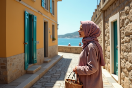 Femme musulmane en hijab à Ajaccio regardant la mer