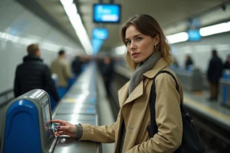 Femme utilisant son pass Navigo sur un portillon de métro parisien en zone 1 à 5