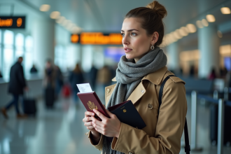Femme avec passeport et billet à l'aéroport