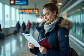 Jeune femme avec passeport et assurance voyage devant aéroport