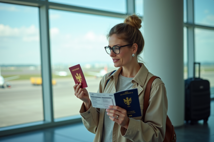 Femme voyageant avec passeport et billet à l'aéroport