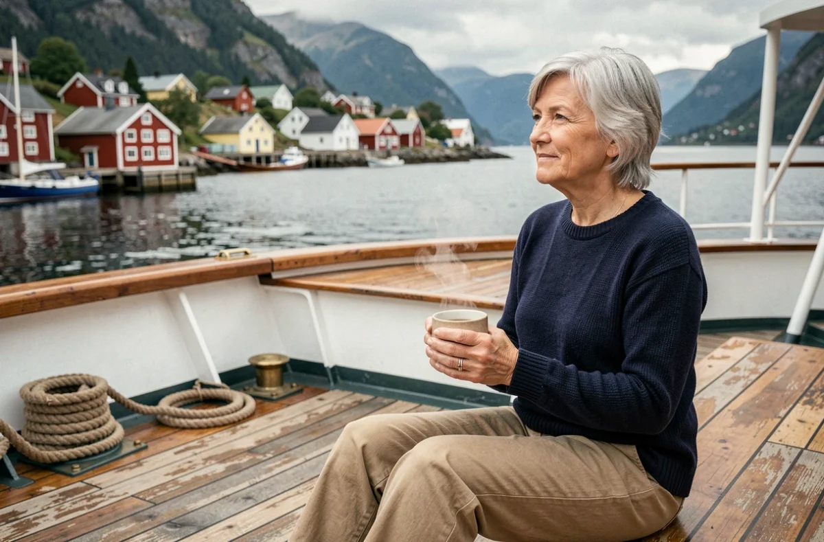 Femme contemplant un village côtier norvégien depuis le pont d'un petit bateau de croisière