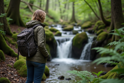 Femme en randonnée près d'une cascade en forêt