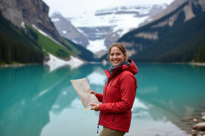 Femme souriante en randonnée au lac Louise dans Banff