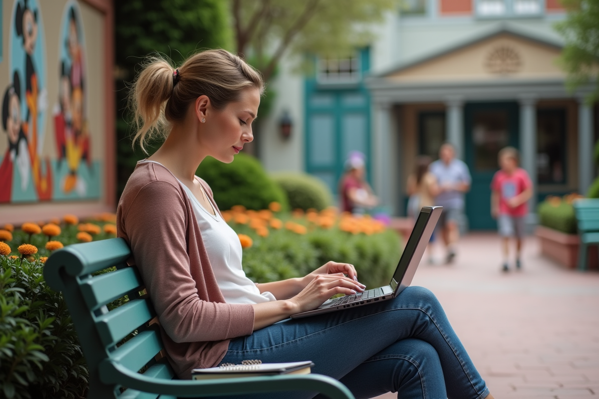 Femme analysant des données dans un parc Disney