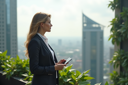 Femme en blazer sur un rooftop avec ville futuriste