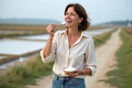 Femme dégustant du sel artisanal dans les marais de Guérande
