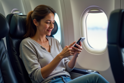 Femme voyageuse utilisant son smartphone en avion