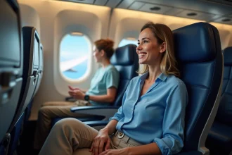 Femme souriante dans un avion long courrier