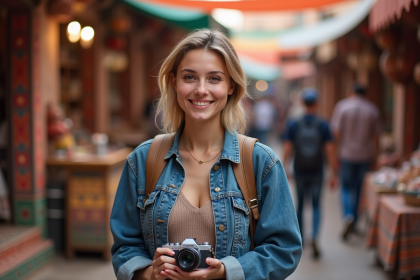 Jeune femme souriante à Marrakech avec appareil photo