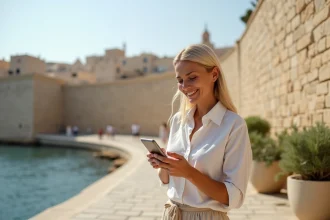Femme souriante devant les murs de Valletta en été