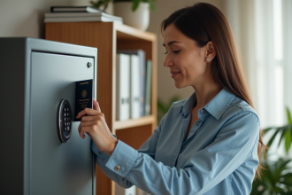 Femme en tenue professionnelle range son passeport dans un coffre