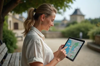 Femme interactuant avec une tablette sur l'île de Ré