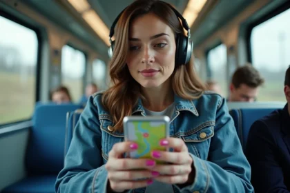 Femme en train avec casque et smartphone pour la carte