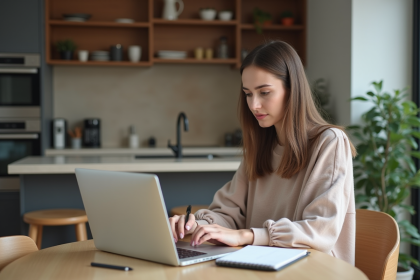 Jeune femme travaillant sur son ordinateur dans un appartement moderne