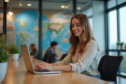 Jeune femme souriante travaillant sur un laptop en réunion