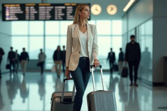 Femme tirant une valise rigide 15kg dans un aéroport moderne, comparaison qualité-prix valise de voyage