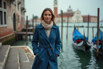 Femme en trench bleu descend un vaporetto à Venise