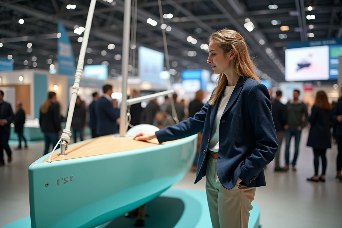 Femme examinant un voilier électrique écologique au Salon du nautisme de Paris, stand de bateau en matériaux recyclés