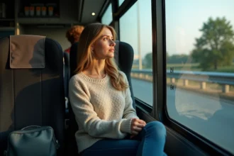 Femme pensant dans un bus long distance au bord de la fenêtre