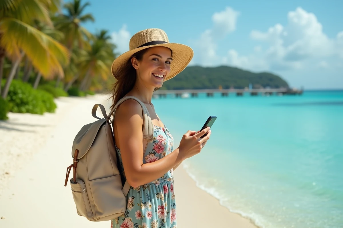Femme voyageuse seule sur une plage tropicale paradisiaque consultant un site de planification de séjours