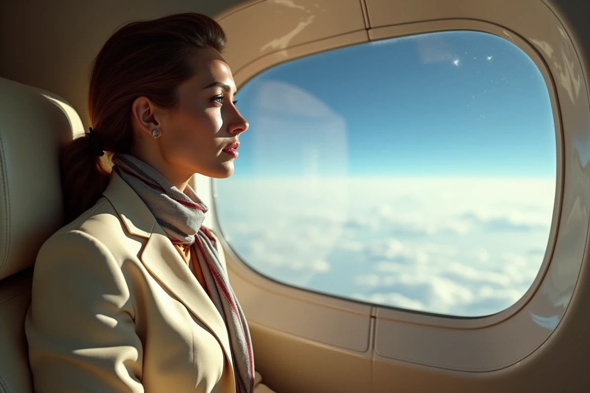 Femme regardant par la fenêtre du Concorde avec ciel bleu