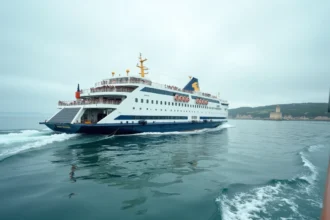 Ferry passager blanc et bleu traversant les eaux côtières entre Lorient et l'île de Groix, vue grand angle depuis la mer