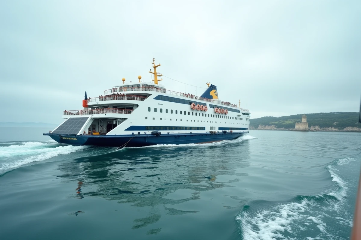 Ferry passager blanc et bleu traversant les eaux côtières entre Lorient et l'île de Groix, vue grand angle depuis la mer