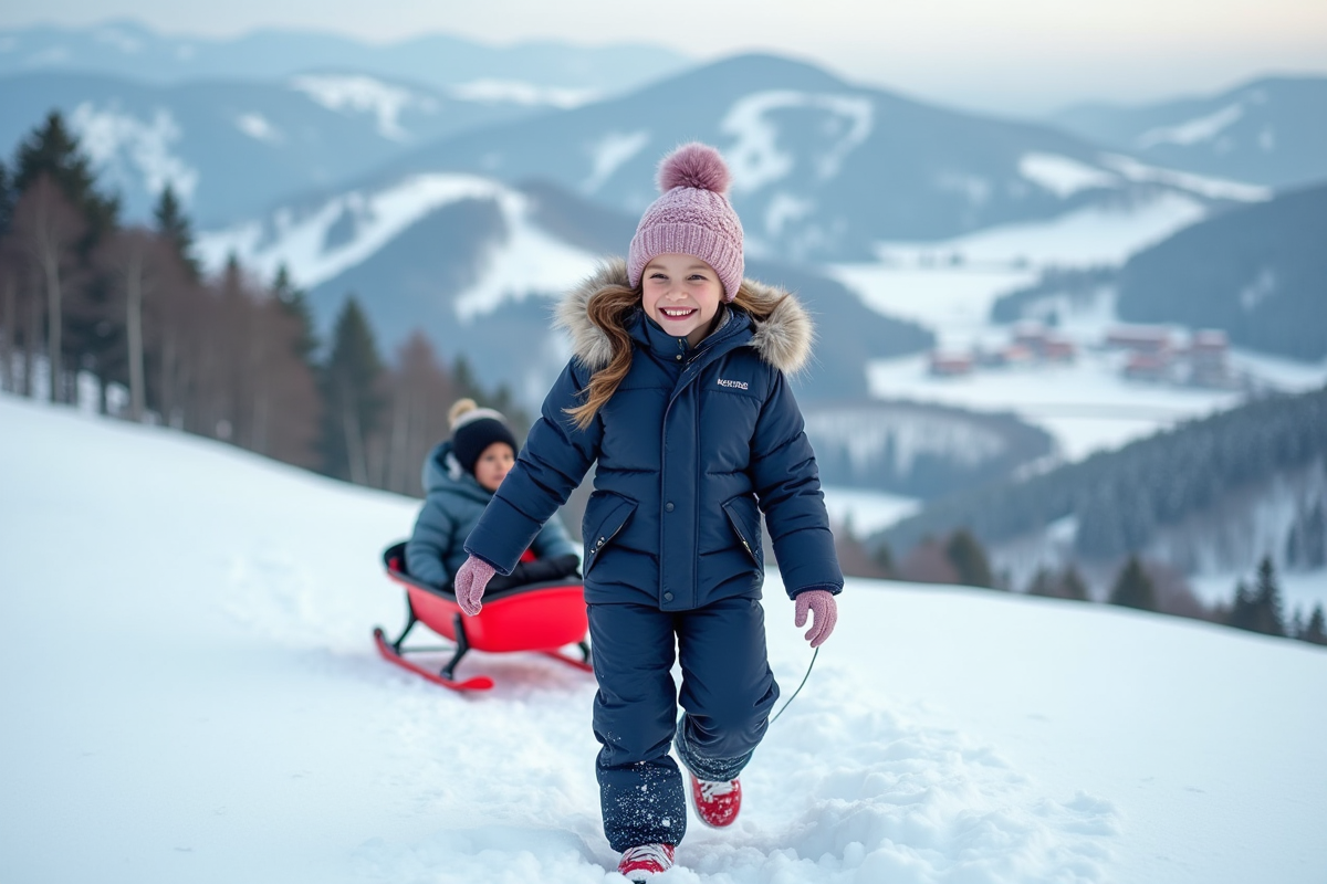 Jeune fille en combinaison bleue tirant une luge rouge dans la neige