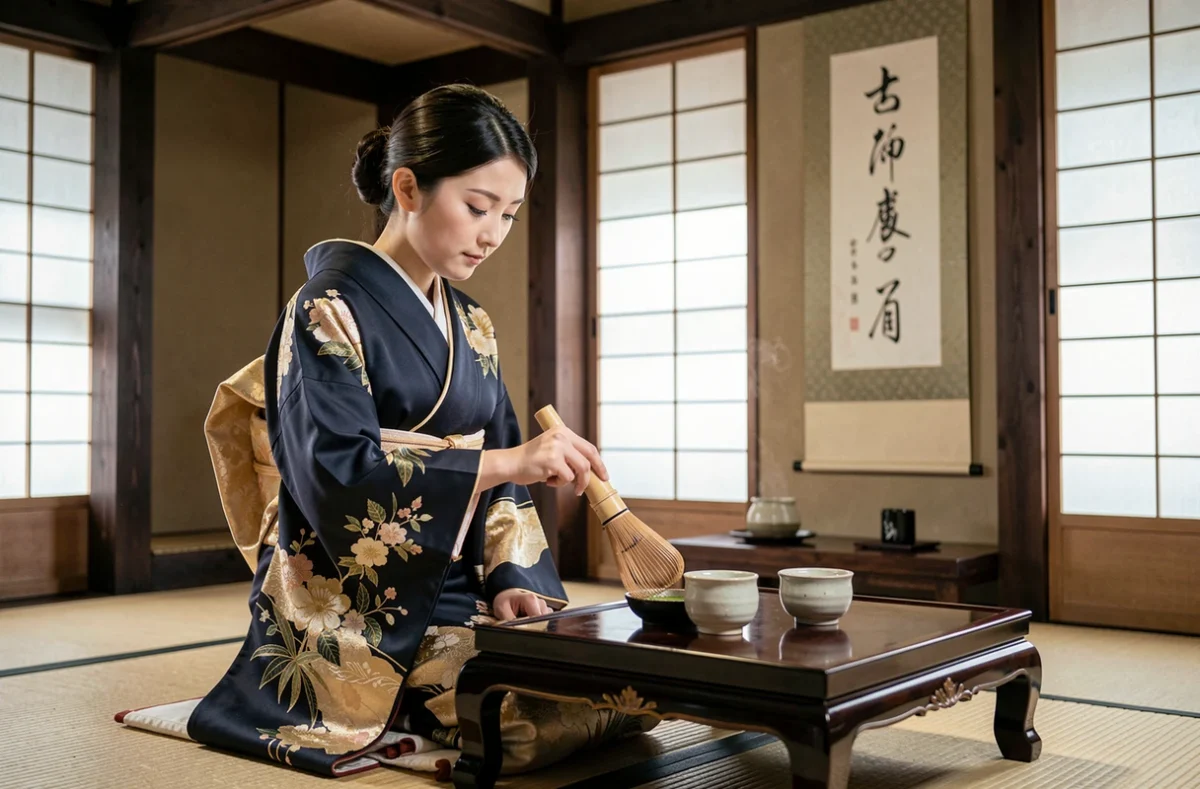 Geisha en kimono traditionnel pratiquant la cérémonie du thé dans un ochaya de Kyoto