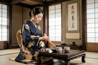 Geisha en kimono traditionnel pratiquant la cérémonie du thé dans un ochaya de Kyoto