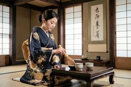 Geisha en kimono traditionnel pratiquant la cérémonie du thé dans un ochaya de Kyoto