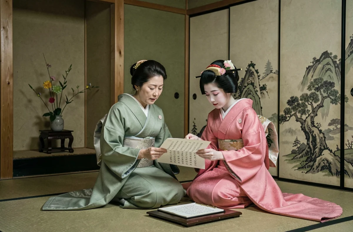 Geisha et apprentie maiko en répétition de shamisen dans une maison de thé traditionnelle japonaise