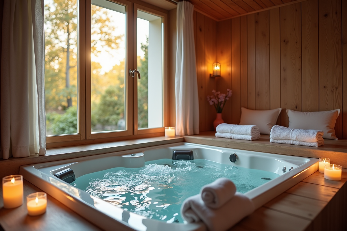 Intérieur romantique avec jacuzzi privé et grande fenêtre lumineuse