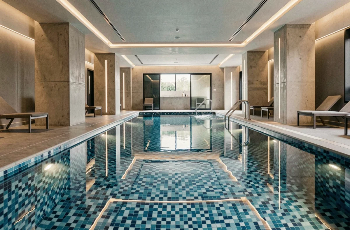 Piscine intérieure moderne du Golden Tulip Hôtel & Spa d'Amiens avec mosaïques bleues et décor contemporain