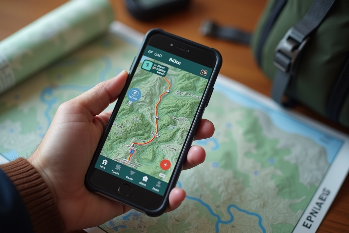 Main tenant un smartphone avec carte GPS et équipement de randonnée