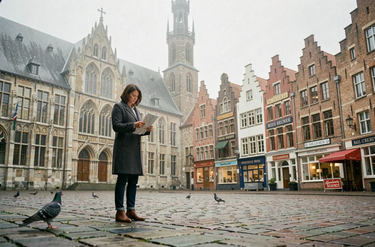 Voyageuse solo consultant une carte sur la Grand-Place de Bruges avec le beffroi et les façades médiévales en arrière-plan