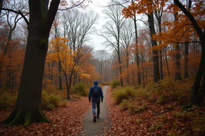 Randonneur solitaire sur un sentier forestier du Greenbelt de Staten Island en automne