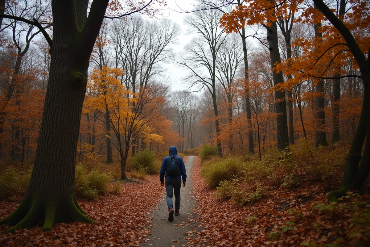Randonneur solitaire sur un sentier forestier du Greenbelt de Staten Island en automne