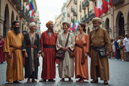 Groupe divers d'adultes en vêtements traditionnels et modernes dans une place urbaine