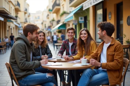 Groupe d'étudiants internationaux à Malte autour d'une table